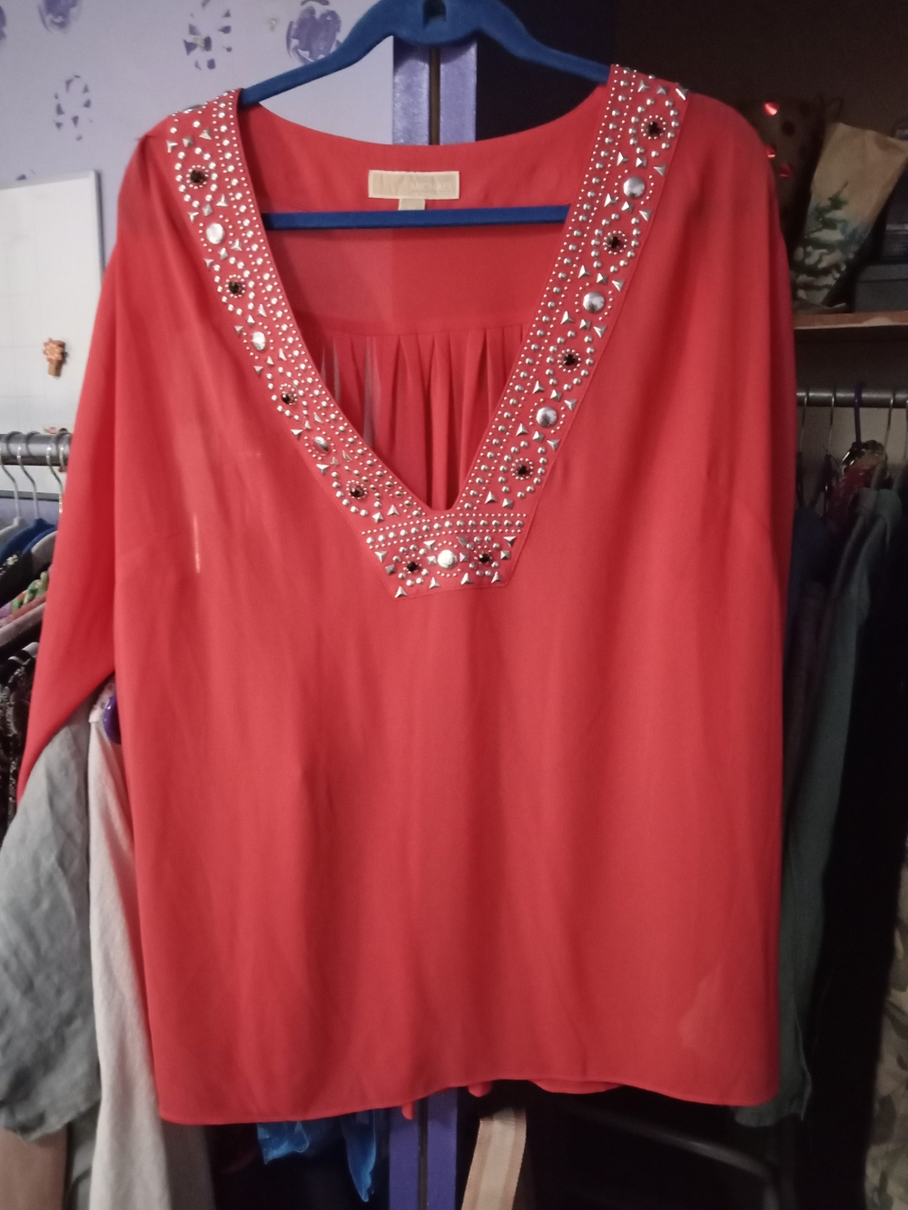Michael Kors Coral Embellished V-Neck Tunic Top